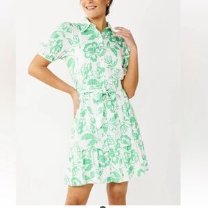 Draper James Green Floral Puff Sleeve Dress Women’s Large Rayon Linen Blend